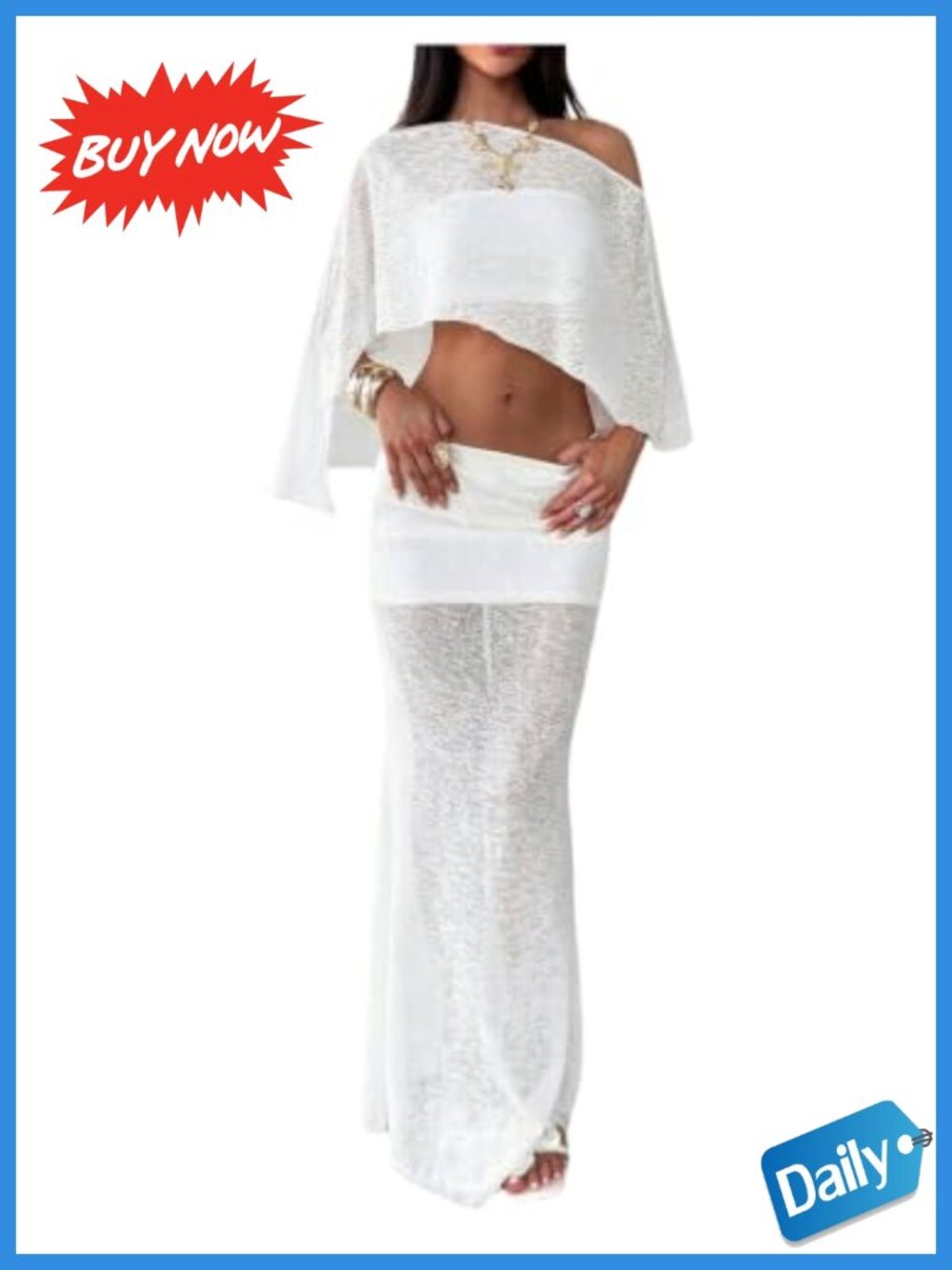 2 Piece Vacation Outfits Poncho Cape Top Maxi Fishtail Skirt Set